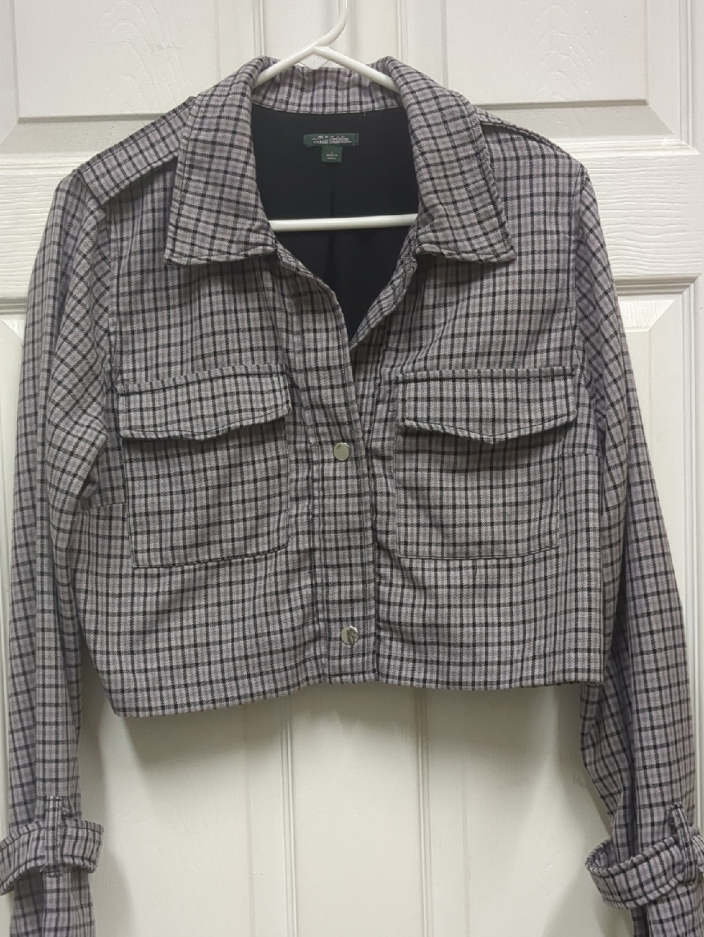 wild fable Cropped Plaid Snap-Front Jacket in Gray and Pink